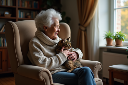 Femme âgée avec chat dans un salon chaleureux