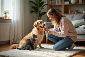 Femme souriante avec chien et chat dans un salon lumineux