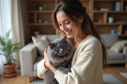 Jeune femme avec chat angora dans son salon chaleureux