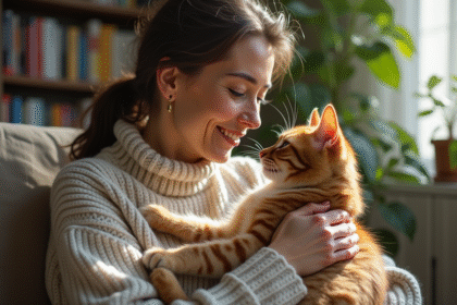 Femme avec chat roux dans un salon lumineux