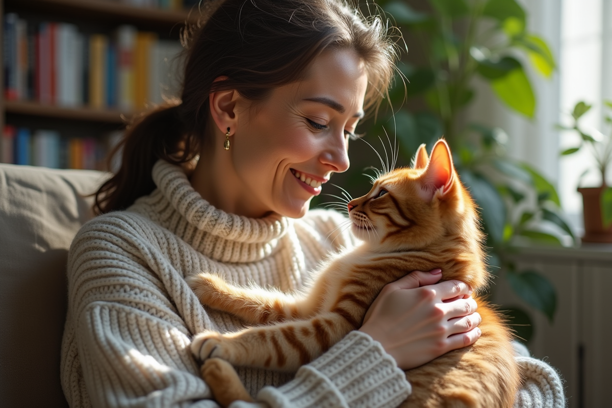 Femme avec chat roux dans un salon lumineux