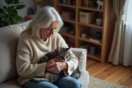 Femme assise avec un chat gris dans ses bras dans un salon chaleureux