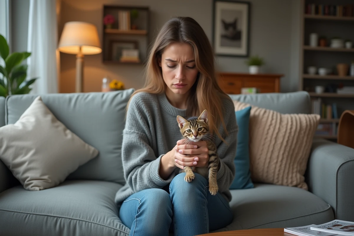 Femme anxieuse tenant un chaton à la maison