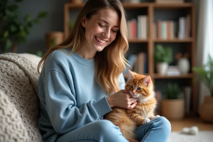 Femme souriante caressant un chaton ginger dans un salon chaleureux