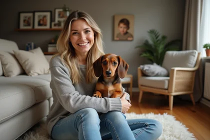 Femme assise avec un chiot dachshund dans le salon chaleureux