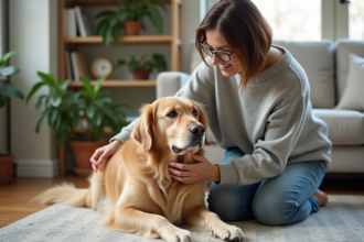 Femme âgée caressant son chien golden retriever dans le salon