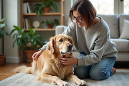 Femme âgée caressant son chien golden retriever dans le salon