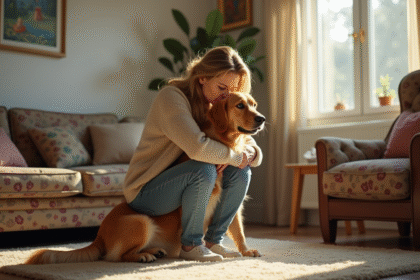 Femme en casual avec son chien golden retriever dans le salon