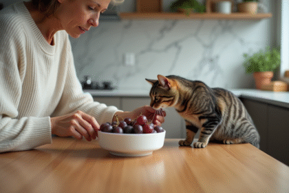 Femme empêchant son chat de toucher chocolat et raisins