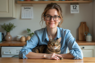 Jeune femme avec chat dans une cuisine contemporaine