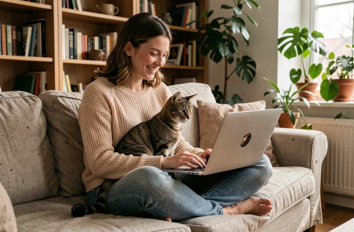 Femme souriante avec un chat tigré sur les genoux naviguant sur un site pour amoureux des chats