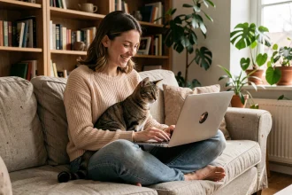 Femme souriante avec un chat tigré sur les genoux naviguant sur un site pour amoureux des chats