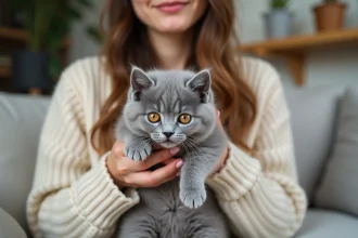 Femme tenant délicatement une chatte British Shorthair bleue dans ses bras dans un salon chaleureux, illustration d'une adoption responsable