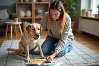 Jeune femme et labrador en intérieur avec livre d'éducation