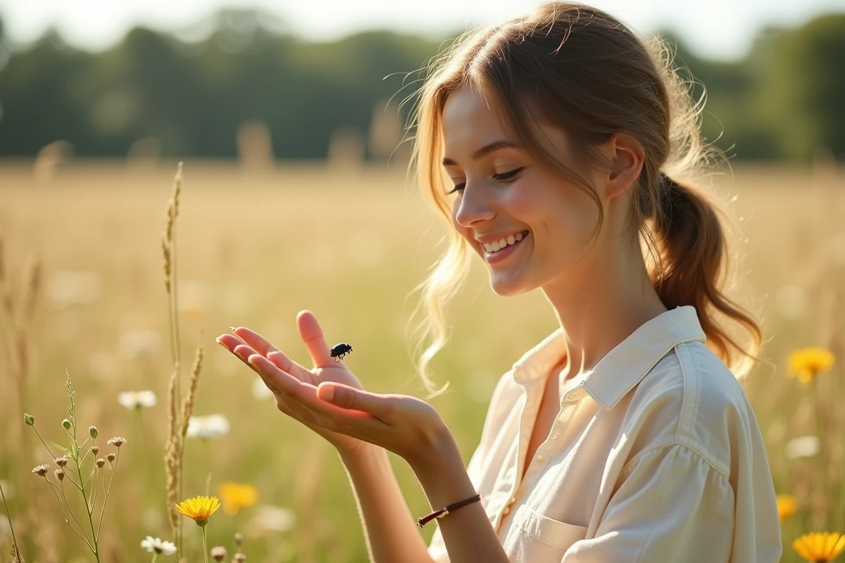 Jeune femme observant une coccinelle noire sur sa main dans une prairie, symbolisant une rencontre amoureuse