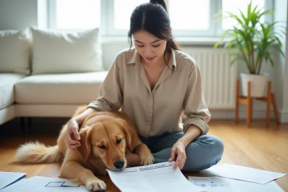 Femme comparant des documents d'assurance chien avec son golden retriever posé contre elle dans un salon moderne