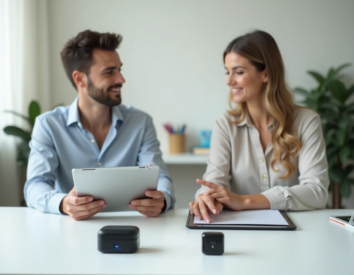 Femme comparant deux traceurs GPS pour choisir le meilleur localisateur