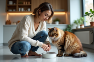 Femme à la maison donnant à boire à son chat dans la cuisine