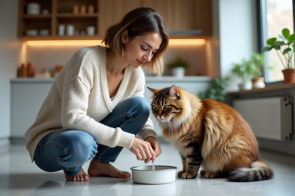 Femme à la maison donnant à boire à son chat dans la cuisine