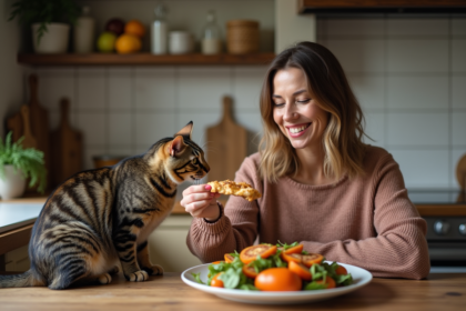 Femme souriante offrant du poulet à un chat dans la cuisine