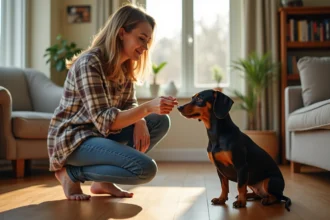 Femme et chien miniature dachshund dans un salon chaleureux