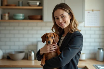 Femme avec chien dachshund dans une cuisine moderne