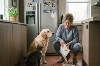 Femme nourrissant chien et chat dans la cuisine