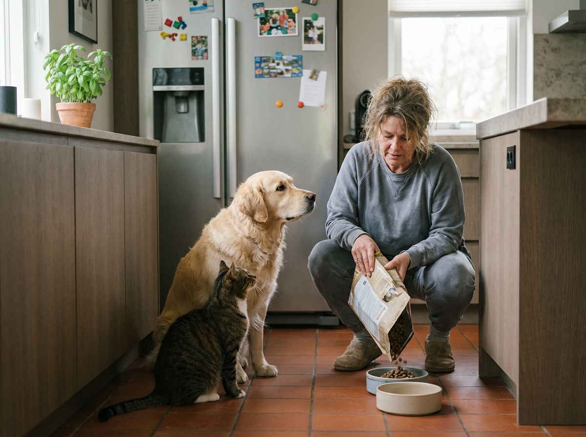 Femme nourrissant chien et chat dans la cuisine