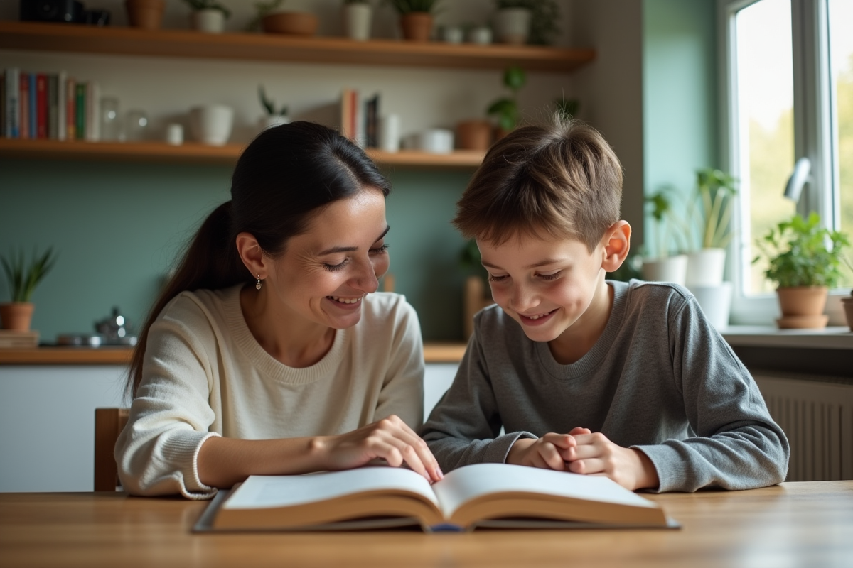 Femme et adolescent lisant un livre dans une cuisine chaleureuse