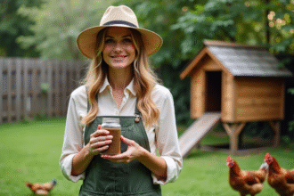 Femme avec un pot d'herbes vermifuge dans le jardin