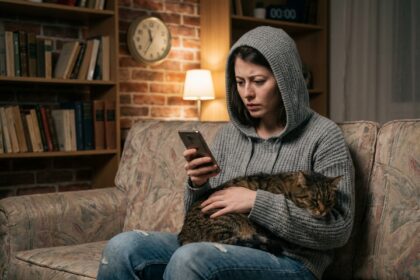 Jeune femme inquiète avec chat dans un appartement parisien