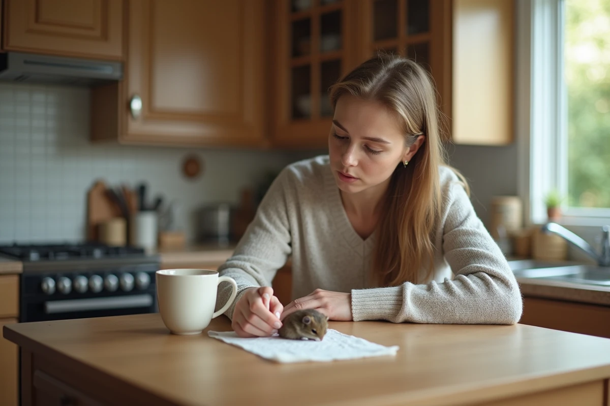 Jeune femme regarde un petit musaraigne sur un tissu dans la cuisine