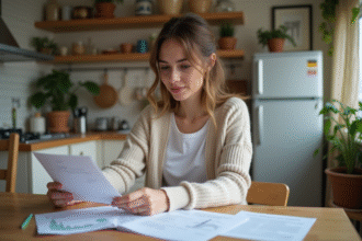 Femme lisant des documents dans une cuisine moderne