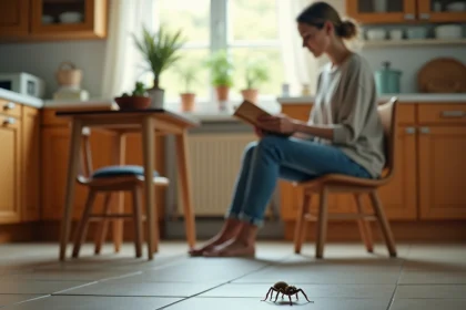 Femme lisant un livre dans la cuisine avec une araignee au sol