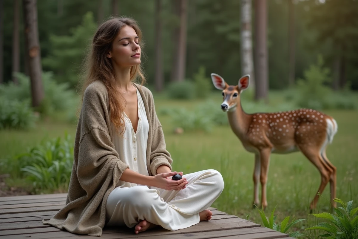 Femme méditant en plein air avec un cerf en arrière-plan, évoquant une synchronicité spirituelle avec l'animal