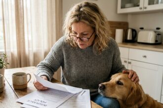 Femme consultant les documents d'une mutuelle pour chien avec son golden retriever posé sur ses genoux dans une cuisine chaleureuse