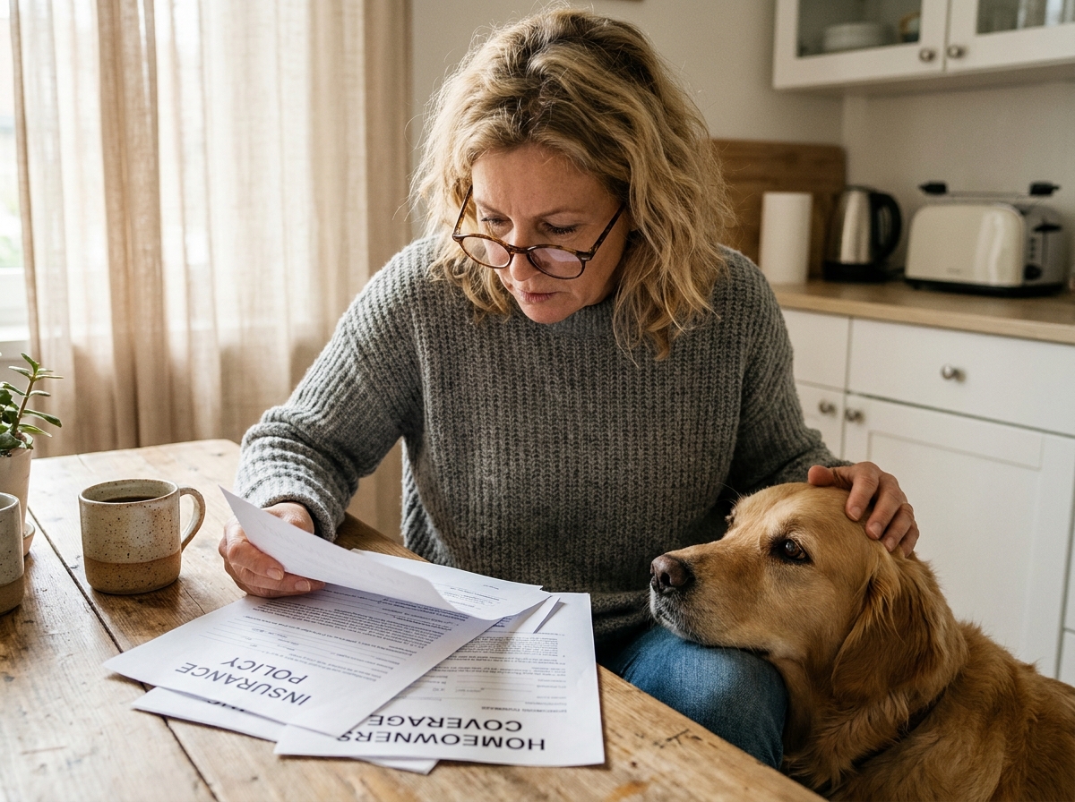 Femme consultant les documents d'une mutuelle pour chien avec son golden retriever posé sur ses genoux dans une cuisine chaleureuse
