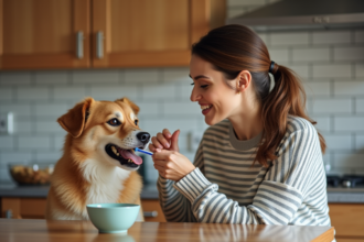 Femme brossant les dents de son chien dans la cuisine