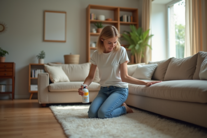 Femme nettoyant un canapé avec un traitement anti-puces