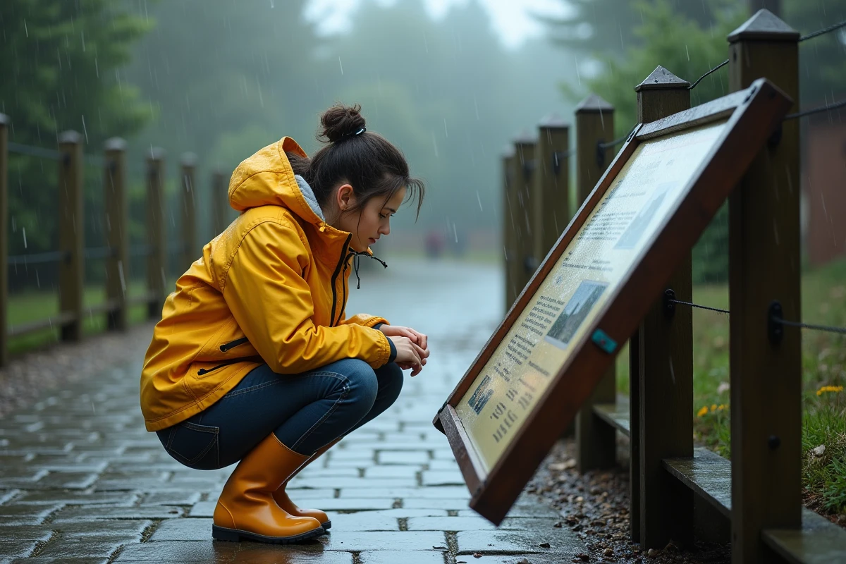 Femme lisant un panneau informatif sous la pluie dans un parc zoologique à Strasbourg