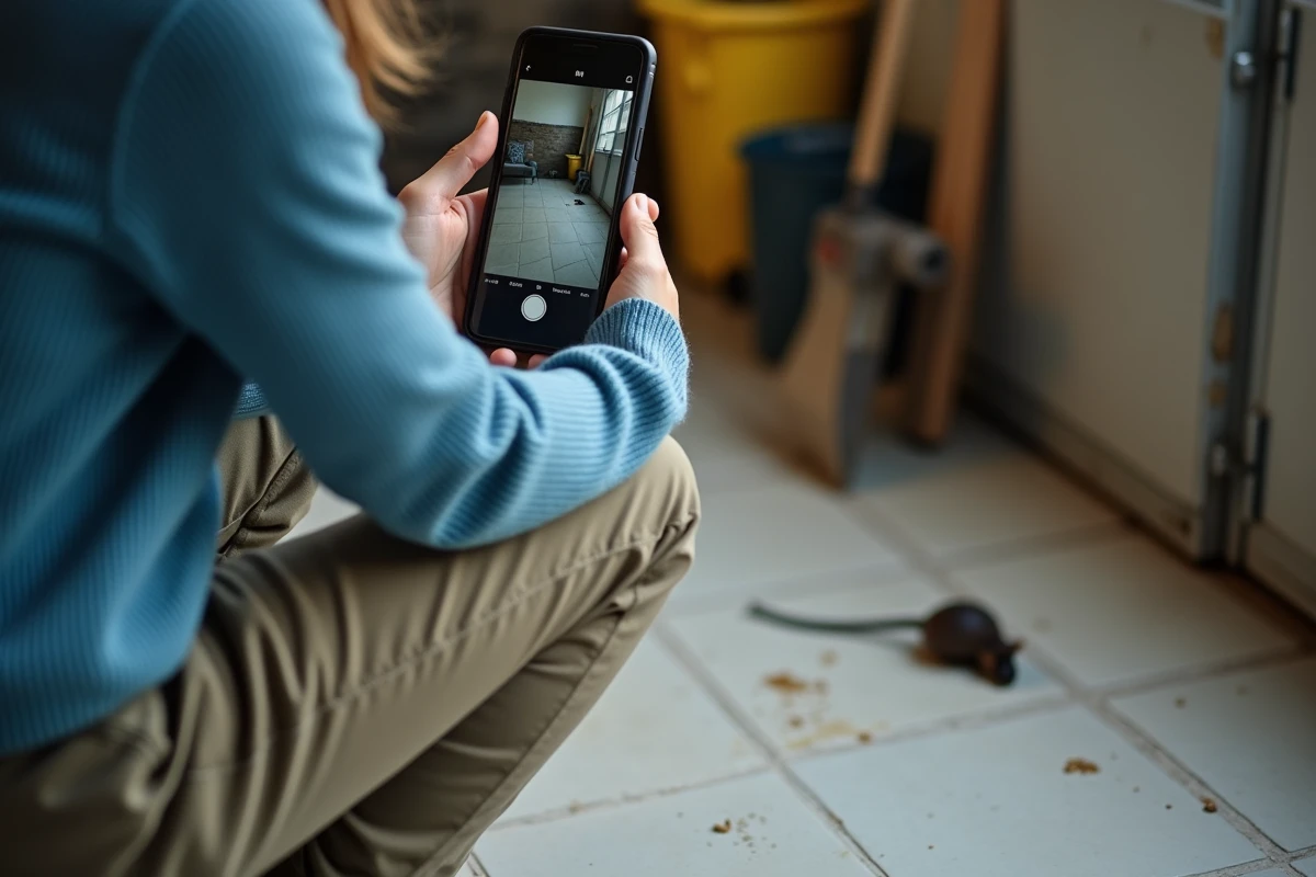 Jeune femme prenant en photo des déjections dans un garage