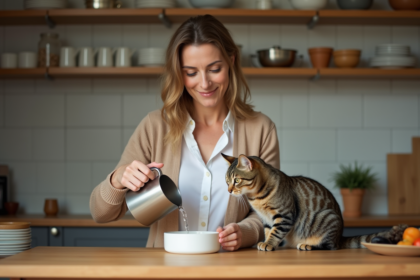 Femme versant de l'eau dans un bol en céramique pour son chat
