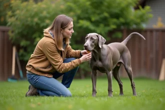 Jeune femme récompense un chien Weimaraner dans le jardin