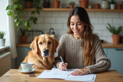 Jeune femme souriante avec chien dans maison lumineuse