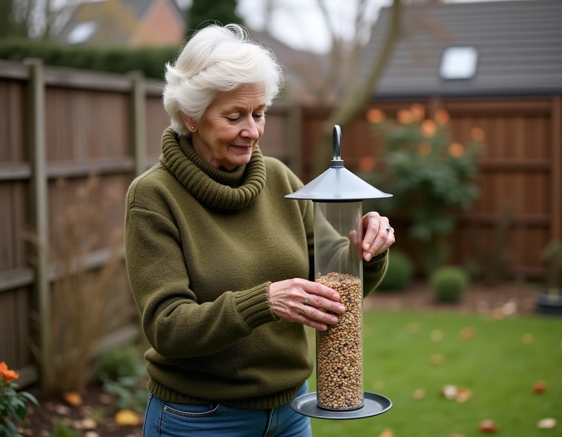 Femme remplissant une mangeoire tubulaire transparente avec des graines de niger dans un jardin en automne