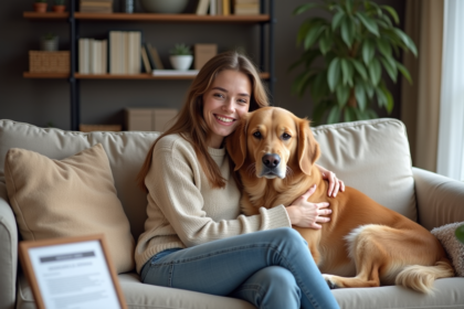 Jeune femme avec chien retriever dans un salon cosy