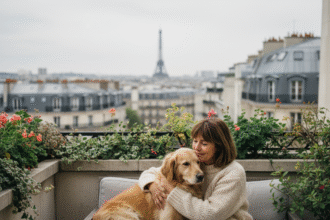 Femme française et chien retriever sur balcon parisien