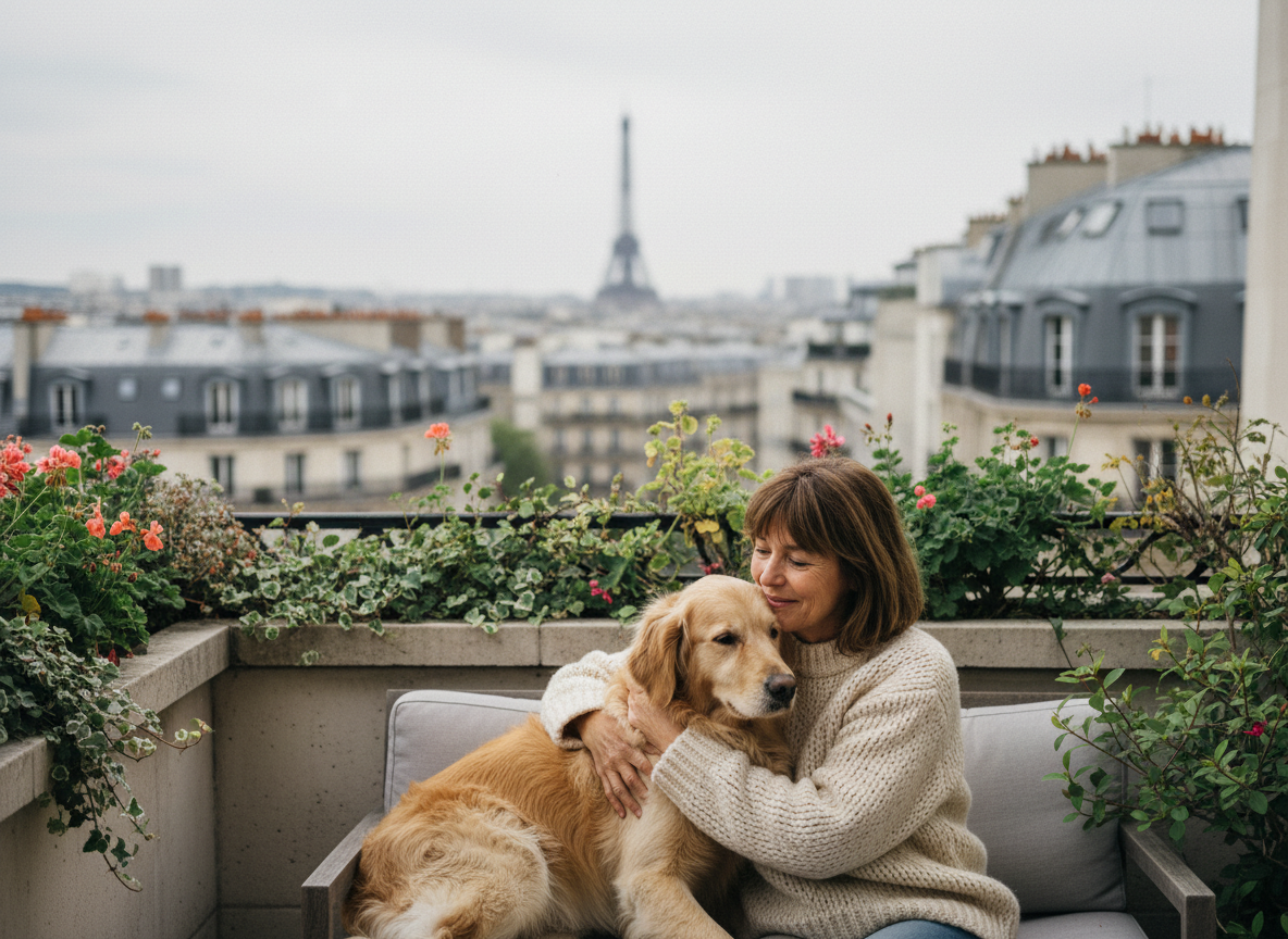 Femme française et chien retriever sur balcon parisien