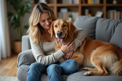 Femme assise avec un retriever dans un salon cosy
