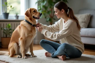 Femme assise avec un retriever dans un intérieur chaleureux